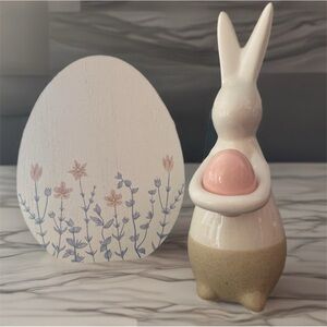 Whimsical White and Pink Bunny Ceramic Figurine and Wooden Egg Set
